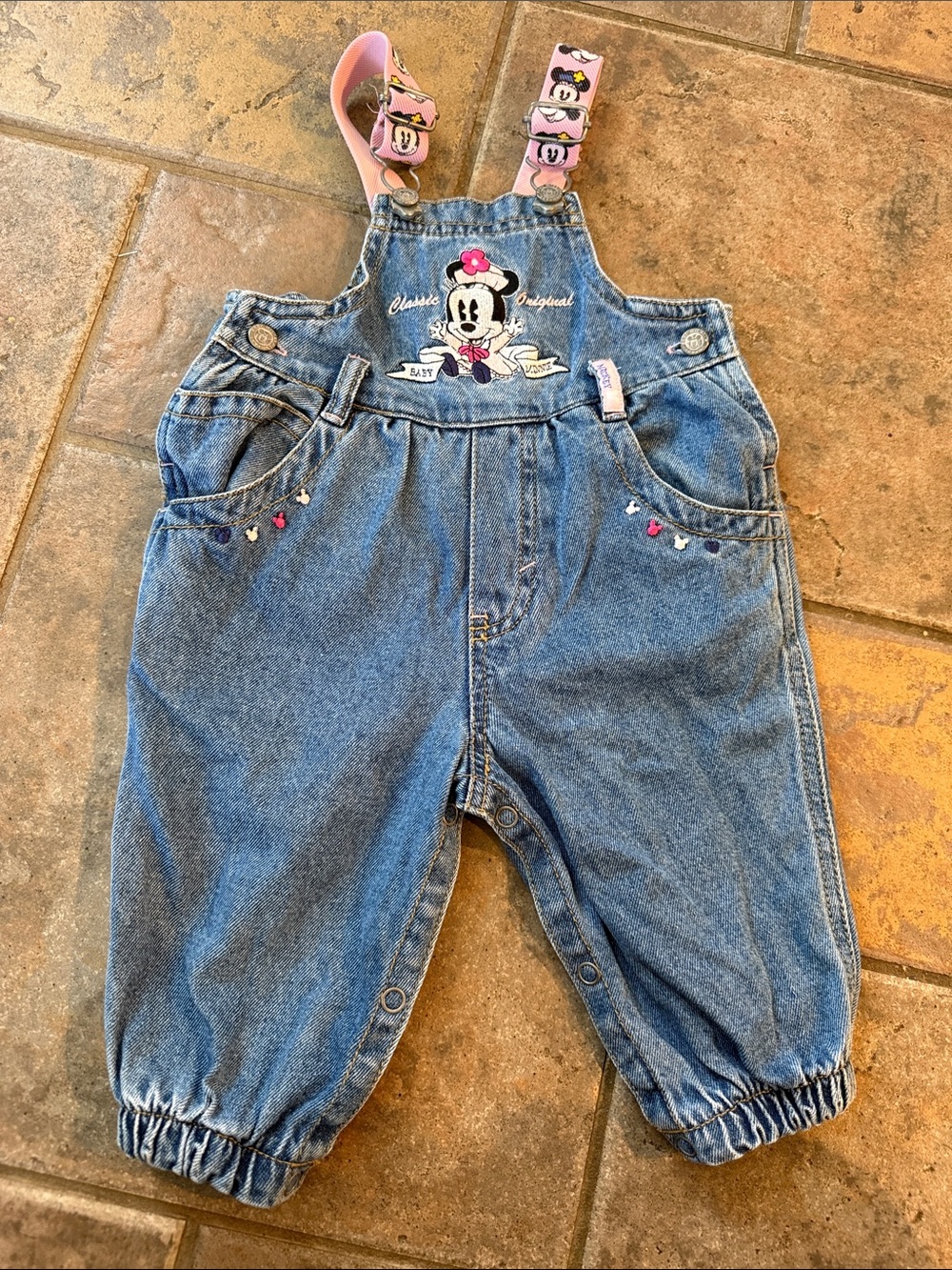 Vintage Disney Blue Denim Minnie Mouse Overalls with Pink Straps